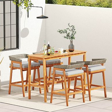 Costway 3 PCS Patio Counter Height Bar Set with 2 Cushioned Barstools Curved Rattan Back