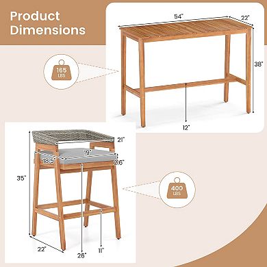 Costway 3 PCS Patio Counter Height Bar Set with 2 Cushioned Barstools Curved Rattan Back