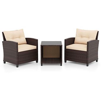 Costway 3 pc Patio Sofa Set with Cushions & Tempered Glass Tabletop for Backyard