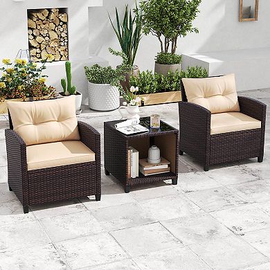 Costway 3 PCS Patio Sofa Set with Cushions & Tempered Glass Tabletop for Backyard