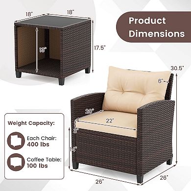 Costway 3 PCS Patio Sofa Set with Cushions & Tempered Glass Tabletop for Backyard
