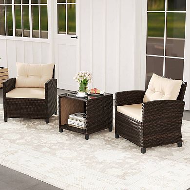 Costway 3 PCS Patio Sofa Set with Cushions & Tempered Glass Tabletop for Backyard