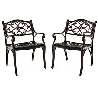 Costway 2 pc Cast Aluminum Patio Chairs Outdoor Dining with Armrests & Curved Seats Bronze