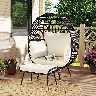 Costway 2 PCS Patio Wicker Lounge Basket Set Oversized Egg Chair with Soft Cushions
