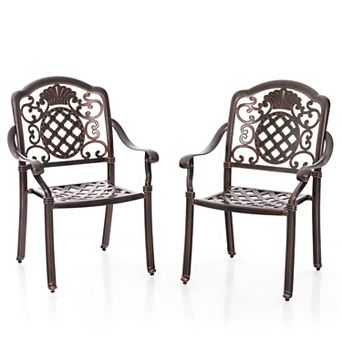 Costway 2 pc Patio Cast Aluminum Chairs Outdoor Metal Armchairs with Ergonomic Curved Seat