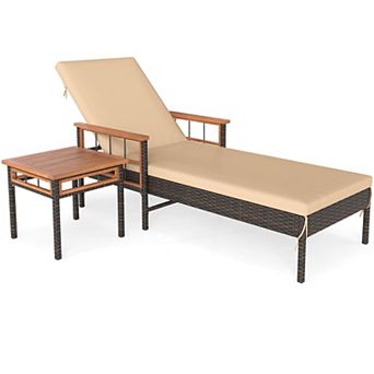 Costway 2 pc Patio Rattan Chaise Lounge with Side Table Outdoor Reclining Chair Set