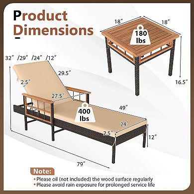 Costway 2-Piece Patio Rattan Chaise Lounge with Side Table Outdoor Reclining Chair Set