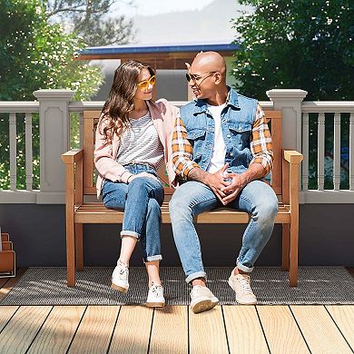 Costway 2-Person Outdoor Garden Bench with Comfy Armrests and Backrest Teak Wood