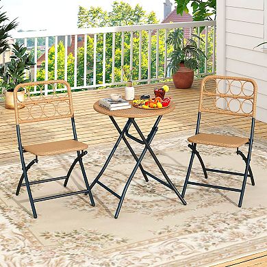 Costway 3 PCS Patio Bistro Set with Wicker Seat & Tabletop for Backyard, Garden, Balcony