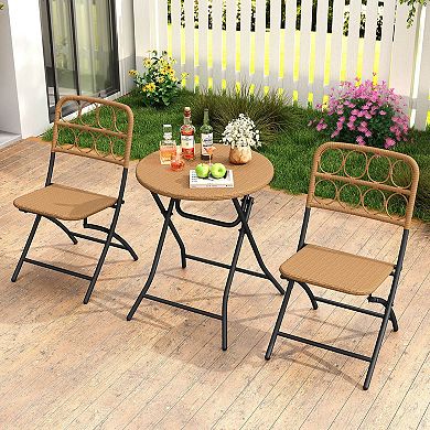 Costway 3 PCS Patio Bistro Set with Wicker Seat & Tabletop for Backyard, Garden, Balcony