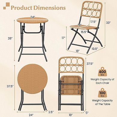 Costway 3 PCS Patio Bistro Set with Wicker Seat & Tabletop for Backyard, Garden, Balcony