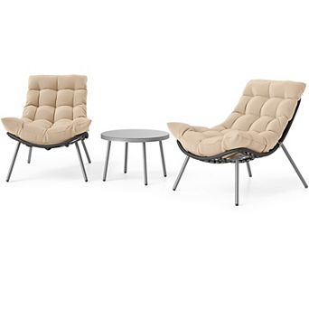 Costway 3 pc Patio Furniture Set with Cushioned Papasan Chairs Tempered Glass Coffee Table