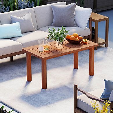 Costway 35.5" Wooden Coffee Table with Slatted Tabletop Rectangular Outside Table for Deck