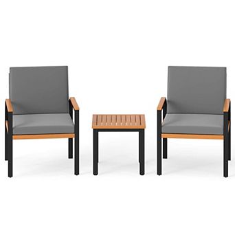 Costway 3 pc Patio Furniture Set with Coffee Table Removable Cushions Acacia Wood Armrests
