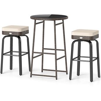 Costway 3 pc Outdoor Swivel Bar Set with 2 Chairs, Tempered Glass Top, Soft Cushions