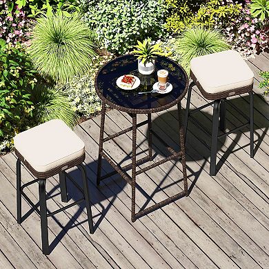 Costway 3 PCS Outdoor Swivel Bar Set with 2 Chairs, Tempered Glass Top, Soft Cushions