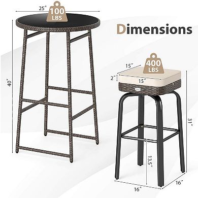 Costway 3 PCS Outdoor Swivel Bar Set with 2 Chairs, Tempered Glass Top, Soft Cushions
