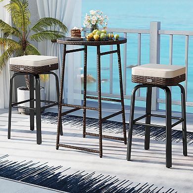 Costway 3 PCS Outdoor Swivel Bar Set with 2 Chairs, Tempered Glass Top, Soft Cushions