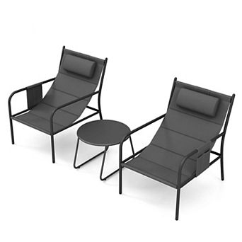 Costway 3 pc Outdoor Bistro Set Breathable Seat Fabric & Cozy Headrest Metal for Yard