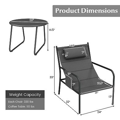 Costway 3 PCS Outdoor Bistro Set Breathable Seat Fabric & Cozy Headrest Metal for Yard