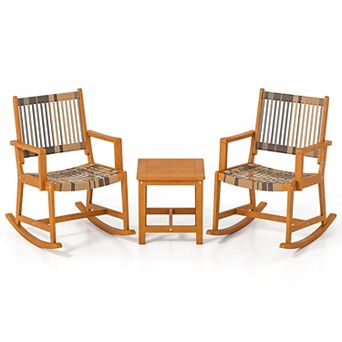 Costway 3 pc Patio Rocking Set with Rattan Seat & Back Square Side Table for Porch