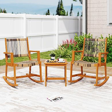 Costway 3 Piece Patio Rocking Set with Rattan Seat & Back Square Side Table for Porch