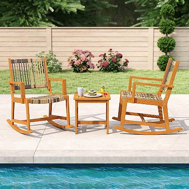 Costway 3 Piece Patio Rocking Set with Rattan Seat & Back Square Side Table for Porch