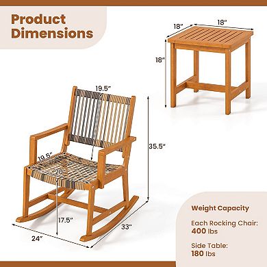 Costway 3 Piece Patio Rocking Set with Rattan Seat & Back Square Side Table for Porch