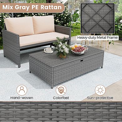 Costway 2 PCS Patio Loveseat with 31 Gal Multifunctional Storage Ottoman and Soft Cushions