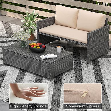 Costway 2 PCS Patio Loveseat with 31 Gal Multifunctional Storage Ottoman and Soft Cushions