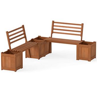 Costway 2 pc Planter Box with Bench 2 Open-ended Planter Boxes Slat Backrest for Patio