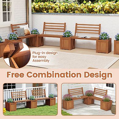 Costway 2 PCS Planter Box with Bench 2 Open-ended Planter Boxes Slat Backrest for Patio