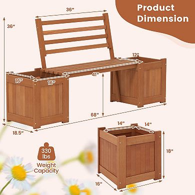 Costway 2 PCS Planter Box with Bench 2 Open-ended Planter Boxes Slat Backrest for Patio