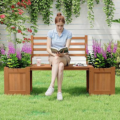 Costway 2 PCS Planter Box with Bench 2 Open-ended Planter Boxes Slat Backrest for Patio