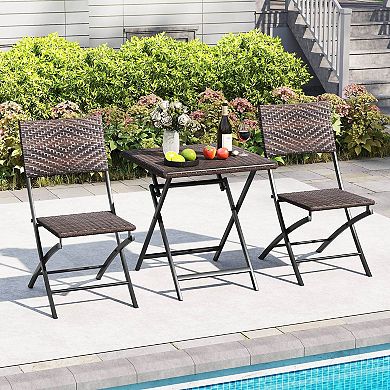 Costway 3 PCS Rattan Bistro Set with Wicker Seat & Tabletop for Backyard, Garden, Balcony