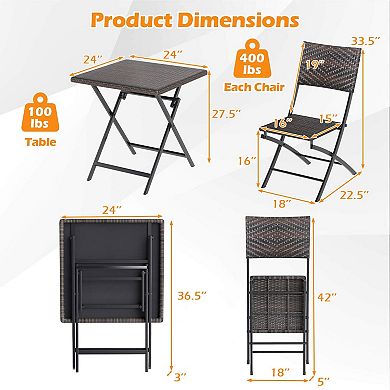 Costway 3 PCS Rattan Bistro Set with Wicker Seat & Tabletop for Backyard, Garden, Balcony