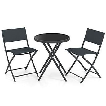 Costway 3 pc Folding Patio Bistro Set with Tempered Glass Coffee Table & 2 Patio Chairs
