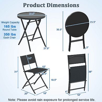 Costway 3 PCS Folding Patio Bistro Set with Tempered Glass Coffee Table & 2 Patio Chairs