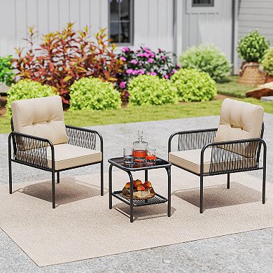 Costway 3 PCS Patio Bistro Set with Tempered Glass Table Chairs Back and Seat Cushions
