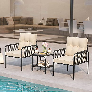 Costway 3 PCS Patio Bistro Set with Tempered Glass Table Chairs Back and Seat Cushions