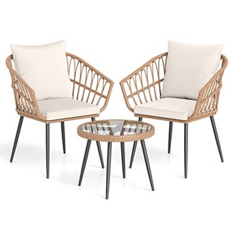 Costway 3 pc Patio Bistro Set with Soft Cushions, Tempered Glass Coffee Table & Metal Frame