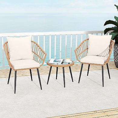 Costway 3PCS Patio Bistro Set with Soft Cushions, Tempered Glass Coffee Table & Metal Frame