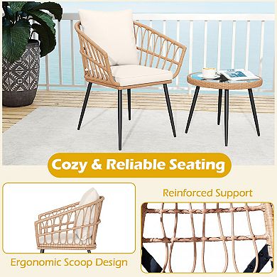 Costway 3PCS Patio Bistro Set with Soft Cushions, Tempered Glass Coffee Table & Metal Frame