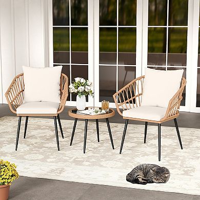 Costway 3PCS Patio Bistro Set with Soft Cushions, Tempered Glass Coffee Table & Metal Frame