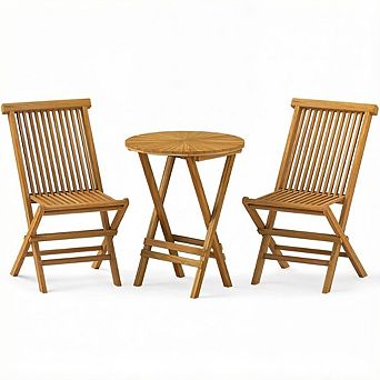 Costway 3 pc Folding Patio Bistro Set Teak Wood Round Table and Chairs Furniture Set