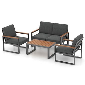 Costway 4 pc Patio Aluminum Furniture Set Wood-Plastic Armrests & Tabletop for Balcony