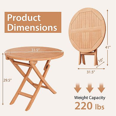 Costway 31.5'' Patio Round Folding Dining Table Solid Indonesia Teak Wood Natural Outdoor Portable