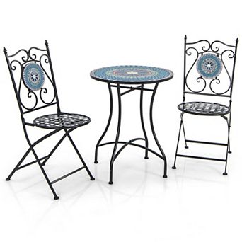 Costway 3 pc Patio Bistro Set Mosaic Pattern Heavy-Duty Metal Dining Folding Outdoor