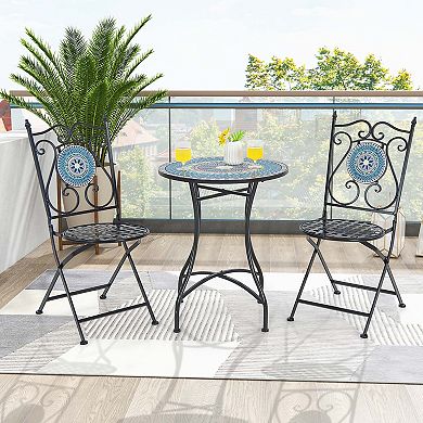 Costway 3pcs Patio Bistro Set Mosaic Pattern Heavy-Duty Metal Dining Folding Outdoor