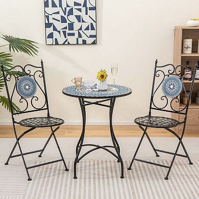 Costway 3pcs Patio Bistro Set Mosaic Pattern Heavy-Duty Metal Dining Folding Outdoor